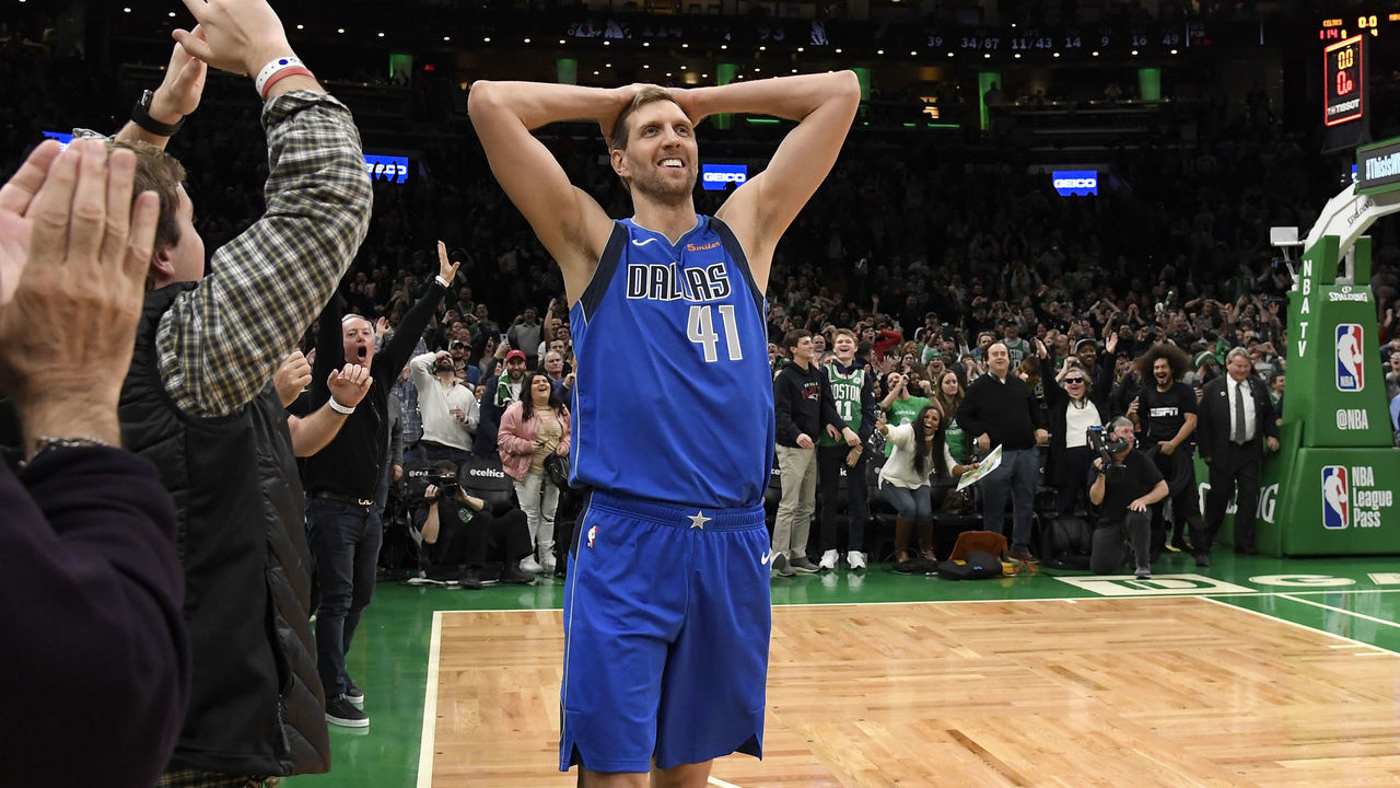 BOSTON, MA - JANUARY 4: Dirk Nowitzki #41 of the Dallas Mavericks reacts to a play during the game against the Boston Celtics on January 4, 2019 at the TD Garden in Boston, Massachusetts. NOTE TO USER: User expressly acknowledges and agrees that, by downloading and/or using this photograph, user is consenting to the terms and conditions of the Getty Images License Agreement. Mandatory Copyright Notice: Copyright 2019 NBAE