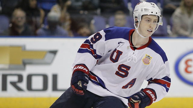 VICTORIA, BC - DECEMBER 31: Tyler Madden #9 of the United States versus Finland at the IIHF World Junior Championships at the Save-on-Foods Memorial Centre on December 31, 2018 in Victoria, British Columbia, Canada.