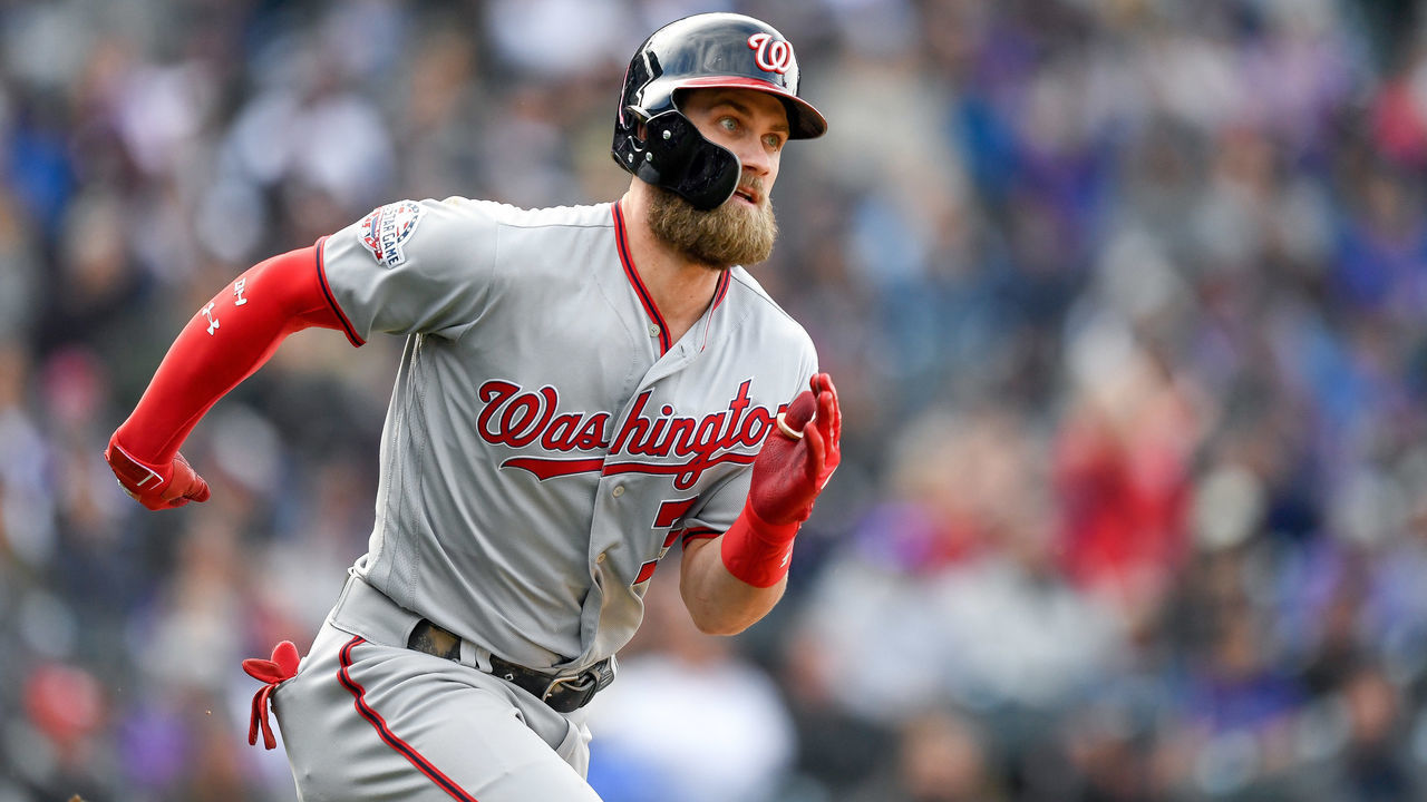 DENVER, CO - SEPTEMBER 30: Bryce Harper #34 of the Washington Nationals runs out a ninth inning double against the Colorado Rockies at Coors Field on September 30, 2018 in Denver, Colorado.