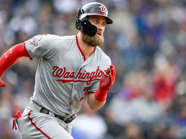 DENVER, CO - SEPTEMBER 30: Bryce Harper #34 of the Washington Nationals runs out a ninth inning double against the Colorado Rockies at Coors Field on September 30, 2018 in Denver, Colorado.