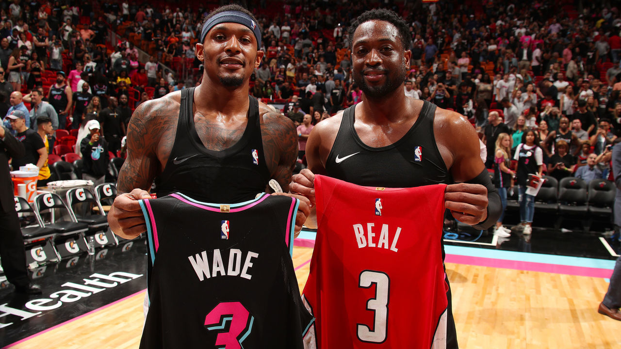 MIAMI, FL - JANUARY 4: Bradley Beal #3 of the Washington Wizards and Dwyane Wade #3 of the Miami Heat trade jerseys at the end of the game on January 4, 2019 at American Airlines Arena in Miami, Florida. Mandatory Copyright Notice: Copyright 2019 NBAE