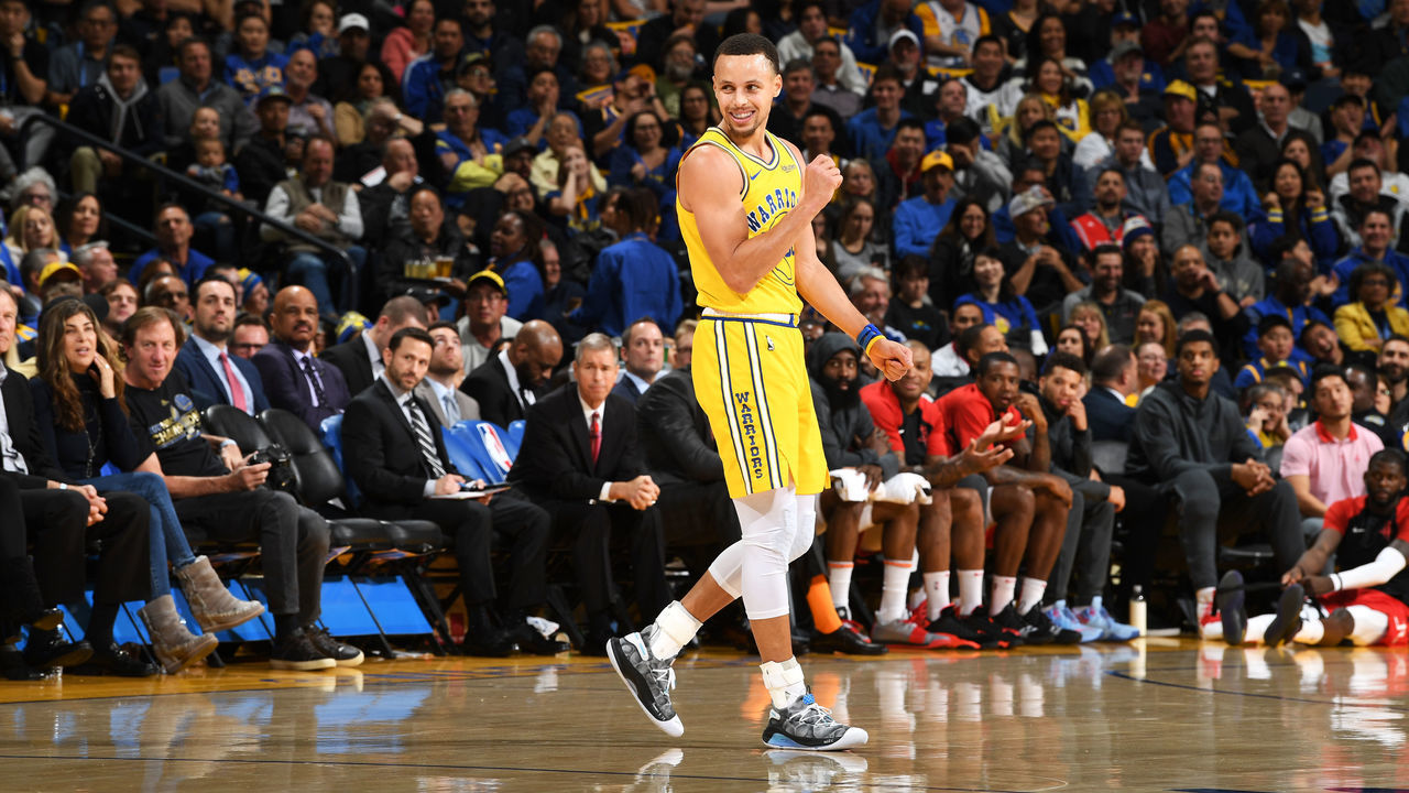 OAKLAND, CA - JANUARY 3: Stephen Curry #30 of the Golden State Warriors reacts to a play during the game against the Houston Rockets on January 3, 2019 at ORACLE Arena in Oakland, California. NOTE TO USER: User expressly acknowledges and agrees that, by downloading and or using this photograph, user is consenting to the terms and conditions of Getty Images License Agreement. Mandatory Copyright Notice: Copyright 2019 NBAE