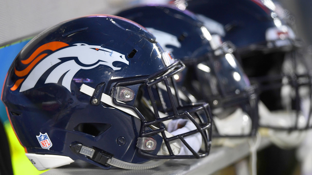 OAKLAND, CA - DECEMBER 24: A detailed view of helmets belonging to the Denver Broncos sitting on the bencch prior to the start of an NFL football game against the Oakland Raiders at Oakland-Alameda County Coliseum on December 24, 2018 in Oakland, California.