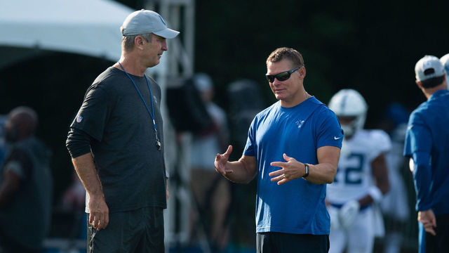 WESTFIELD, IN - AUGUST 05: Indianapolis Colts general manager Chris Ballard and Indianapolis Colts head coach Frank Reich talk on the field before the Indianapolis Colts training camp practice on August 5, 2018 at the Grand Park Sports Campus in Westfield, IN.