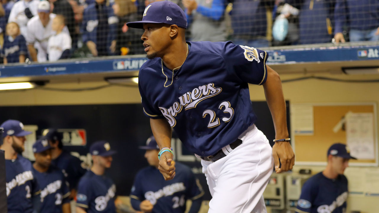 MILWAUKEE, WI - OCTOBER 12: Keon Broxton #23 of the Milwaukee Brewers runs onto the field before Game 1 of the NLCS against the Los Angeles Dodgers at Miller Park on Friday, October 12, 2018 in Milwaukee, Wisconsin.