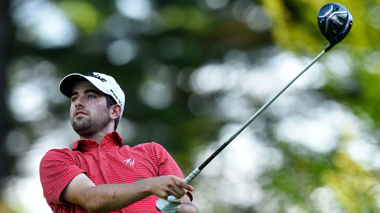 MIRABEL, QC - JULY 22: Cody Blick hits his tee on the first hole during round three of the Mackenzie Investments Open at Club de Golf Les Quatre Domaines on July 22, 2017 in Mirabel, Quebec, Canada.
