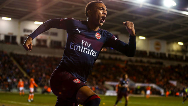 BLACKPOOL, ENGLAND - JANUARY 05: Joe Willock of Arsenal celebrates after scoring a goal to make it 0-2 during the FA Cup Third Round match between Blackpool and Arsenal at Bloomfield Road on January 5, 2019 in Blackpool, United Kingdom.