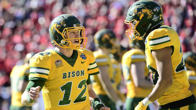 FRISCO, TX - JANUARY 05: Easton Stick #12 of the North Dakota State Bison celebrates a touchdown against the Eastern Washington Eagles during the Division I FCS Football Championship held at Toyota Stadium on January 5, 2019 in Frisco, Texas.