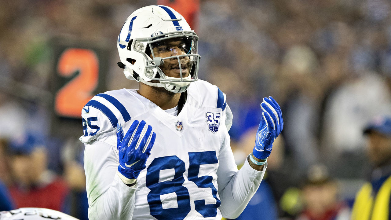 NASHVILLE, TN - DECEMBER 30: Eric Ebron #85 of the Indianapolis Colts celebrates after making a big catch during a game against the Tennessee Titans at Nissan Stadium on December 30, 2018 in Nashville, Tennessee. The Colts defeated the Titans 33-17.