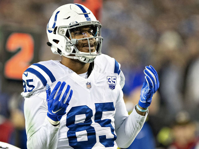 NASHVILLE, TN - DECEMBER 30: Eric Ebron #85 of the Indianapolis Colts celebrates after making a big catch during a game against the Tennessee Titans at Nissan Stadium on December 30, 2018 in Nashville, Tennessee. The Colts defeated the Titans 33-17.