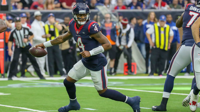 HOUSTON, TX - JANUARY 05: Houston Texans quarterback Deshaun Watson (4) breaks from the pocket to throw the ball during the AFC Wild Card game between the Indianapolis Colts and Houston Texans on January 5, 2019 at NRG Stadium in Houston, Texas.