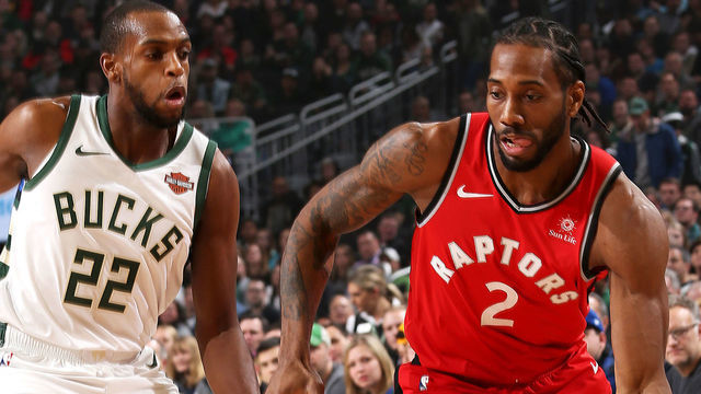 MILWAUKEE, WI - JANUARY 5: Kawhi Leonard #2 of the Toronto Raptors handles the ball against the Milwaukee Bucks on January 5, 2019 at the Fiserv Forum Center in Milwaukee, Wisconsin. Mandatory Copyright Notice: Copyright 2019 NBAE .