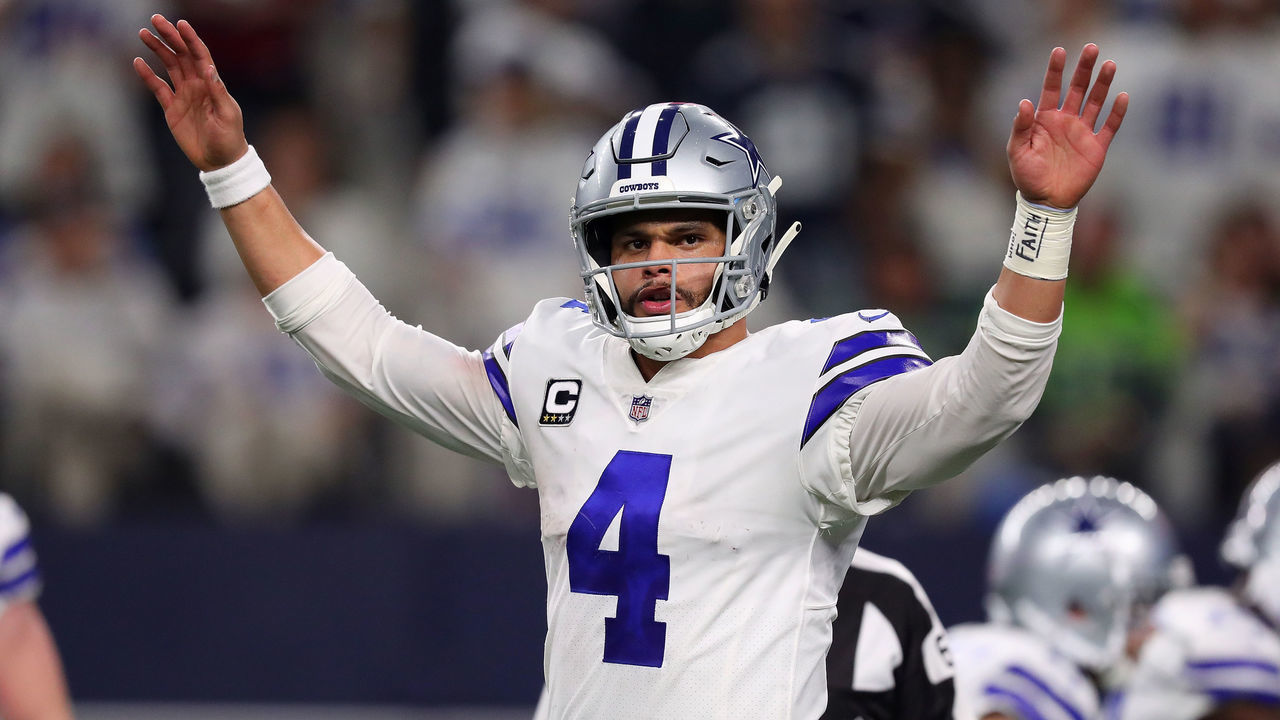 ARLINGTON, TEXAS - JANUARY 05: Dak Prescott #4 of the Dallas Cowboys gestures in the fourth quarter in a game against the Seattle Seahawks during the Wild Card Round at AT&T Stadium on January 05, 2019 in Arlington, Texas.