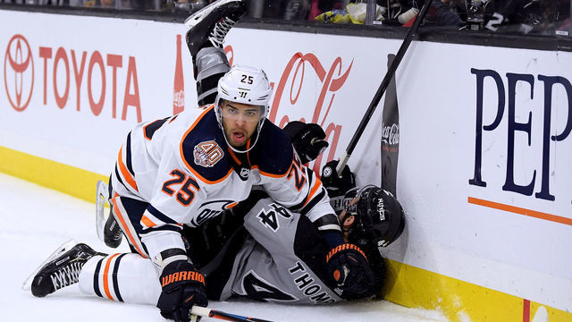 LOS ANGELES, CALIFORNIA - JANUARY 05: Darnell Nurse #25 of the Edmonton Oilers reacts after taking down Nate Thompson #44 of the Los Angeles Kings during the second period at Staples Center on January 05, 2019 in Los Angeles, California.