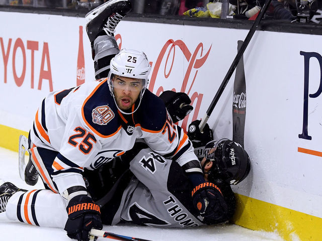 LOS ANGELES, CALIFORNIA - JANUARY 05: Darnell Nurse #25 of the Edmonton Oilers reacts after taking down Nate Thompson #44 of the Los Angeles Kings during the second period at Staples Center on January 05, 2019 in Los Angeles, California.