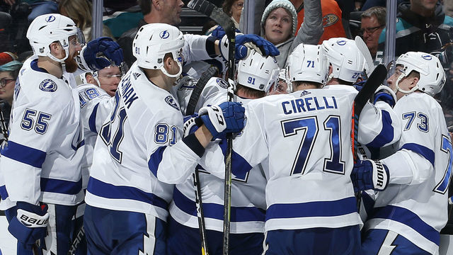 ANAHEIM, CA - DECEMBER 31: The Tampa Bay Lightning celebrate their game-winning overtime goal against the Anaheim Ducks on December 31, 2018 at Honda Center in Anaheim, California.