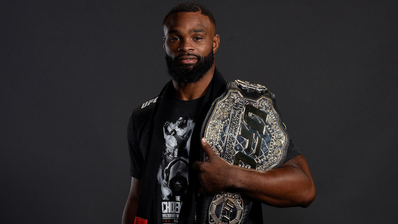 DALLAS, TX - SEPTEMBER 08: UFC welterweight champion Tyron Woodley poses for a post fight portrait backstage during the UFC 228 event at American Airlines Center on September 8, 2018 in Dallas, Texas.