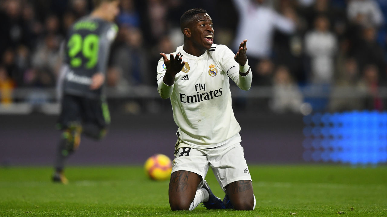 Real Madrid's Brazilian forward Vinicius Junior protests during the Spanish League football match between Real Madrid CF and Real Sociedad at the Santiago Bernabeu stadium in Madrid on January 6, 2019.
