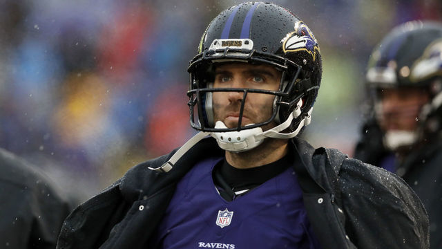 BALTIMORE, MARYLAND - DECEMBER 16: Quarterback Joe Flacco #5 of the Baltimore Ravens looks on from the sidelines during the first quarter against the Tampa Bay Buccaneers at M&T Bank Stadium on December 16, 2018 in Baltimore, Maryland.