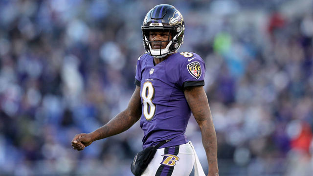 BALTIMORE, MARYLAND - JANUARY 06: Lamar Jackson #8 of the Baltimore Ravens reacts after a play against the Los Angeles Chargers during the fourth quarter in the AFC Wild Card Playoff game at M&T Bank Stadium on January 06, 2019 in Baltimore, Maryland.