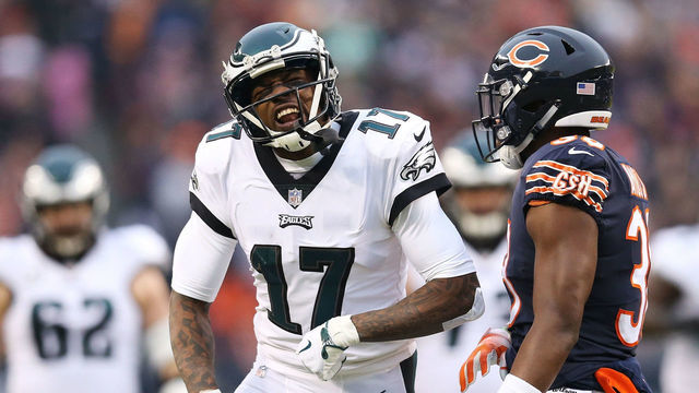 CHICAGO, ILLINOIS - JANUARY 06: Alshon Jeffery #17 of the Philadelphia Eagles reacts in the first quarter against the Chicago Bears of the NFC Wild Card Playoff game at Soldier Field on January 06, 2019 in Chicago, Illinois.