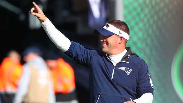 EAST RUTHERFORD, NJ - NOVEMBER 25: New England Patriots Offensive coordinator/quarterbacks coach Josh McDaniels prior to the National Football League game between the New England Patriots and the New York Jets on November 25, 2018 at MetLife Stadium in East Rutherford, NJ.