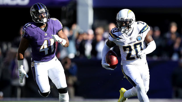 BALTIMORE, MARYLAND - JANUARY 06: Desmond King #20 of the Los Angeles Chargers returns the ball against the Baltimore Ravens during the first quarter in the AFC Wild Card Playoff game at M&T Bank Stadium on January 06, 2019 in Baltimore, Maryland.