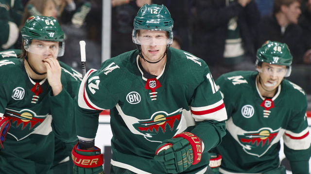 ST. PAUL, MN - DECEMBER 01: Eric Staal #12 of the Minnesota Wild celebrates a 1st period goal during a game with the Toronto Maple Leafs at Xcel Energy Center on December 1, 2018 in St. Paul, Minnesota.