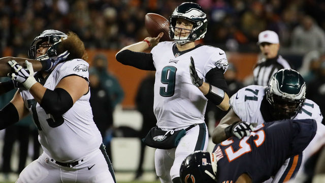 CHICAGO, ILLINOIS - JANUARY 06: Nick Foles #9 of the Philadelphia Eagles passes against the Chicago Bears in the third quarter of the NFC Wild Card Playoff game at Soldier Field on January 06, 2019 in Chicago, Illinois.