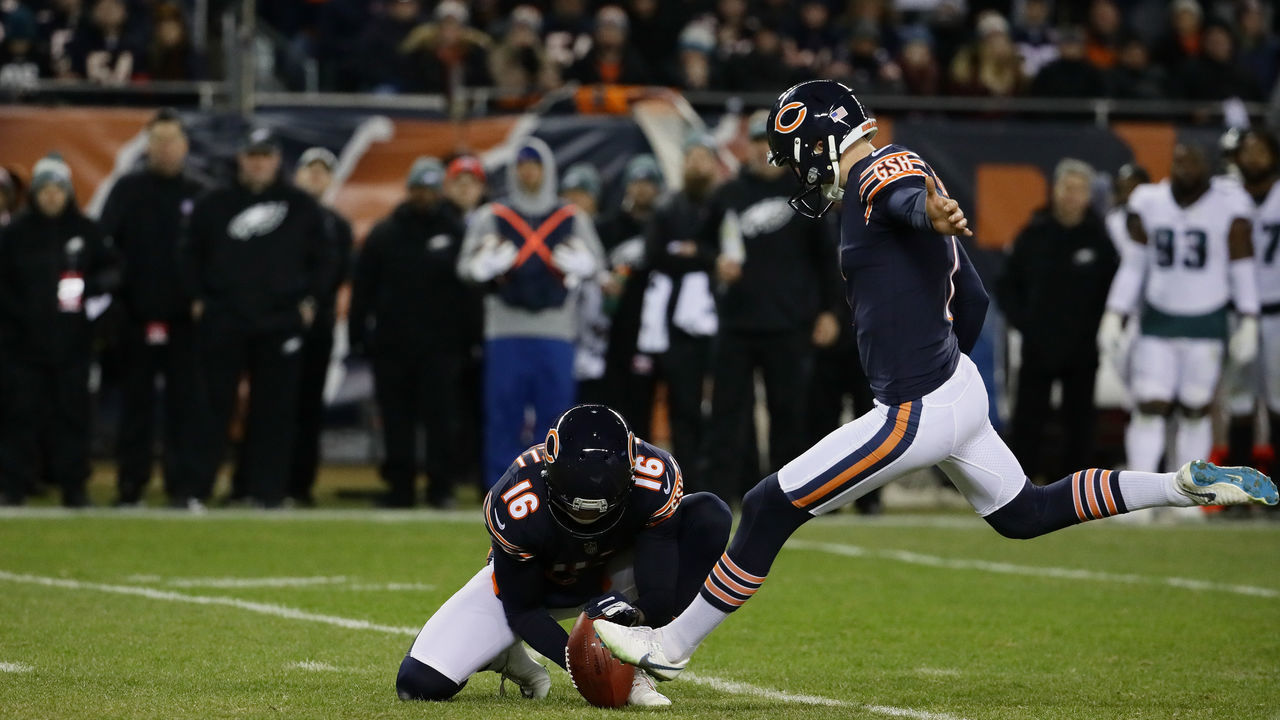 CHICAGO, ILLINOIS - JANUARY 06: Cody Parkey #1 of the Chicago Bears kicks a field goal against the Philadelphia Eagles in the second quarter of the NFC Wild Card Playoff game at Soldier Field on January 06, 2019 in Chicago, Illinois.