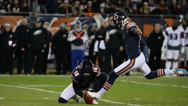 CHICAGO, ILLINOIS - JANUARY 06: Cody Parkey #1 of the Chicago Bears kicks a field goal against the Philadelphia Eagles in the second quarter of the NFC Wild Card Playoff game at Soldier Field on January 06, 2019 in Chicago, Illinois.