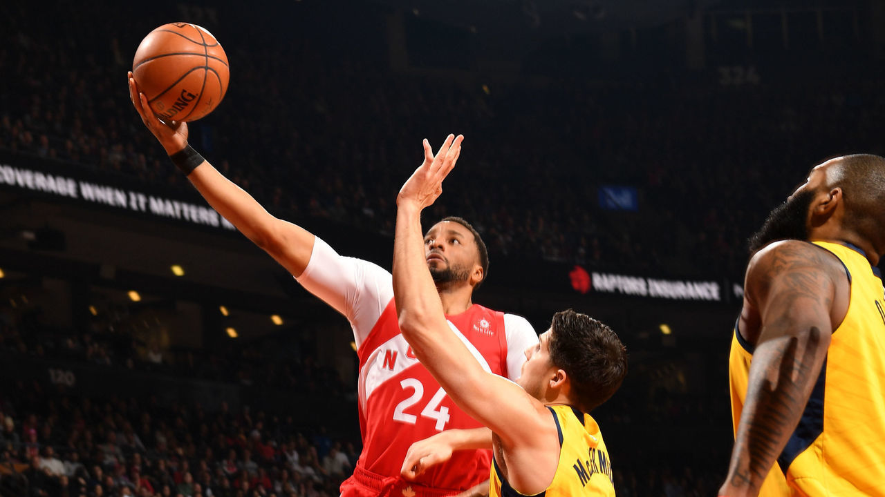 TORONTO, CANADA - JANUARY 6: Norman Powell #24 of the Toronto Raptors drives to the basket against the Indiana Pacers on January 6, 2019 at the Scotiabank Arena in Toronto, Ontario, Canada. Mandatory Copyright Notice: Copyright 2019 NBAE