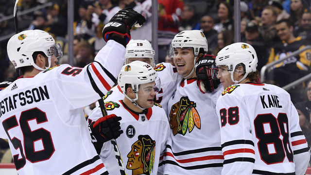 PITTSBURGH, PA - JANUARY 06: Chicago Blackhawks Center Dylan Strome (17) celebrates his goal with teammates during the third period in the NHL game between the Pittsburgh Penguins and the Chicago Blackhawks on January 6, 2019, at PPG Paints Arena in Pittsburgh, PA.