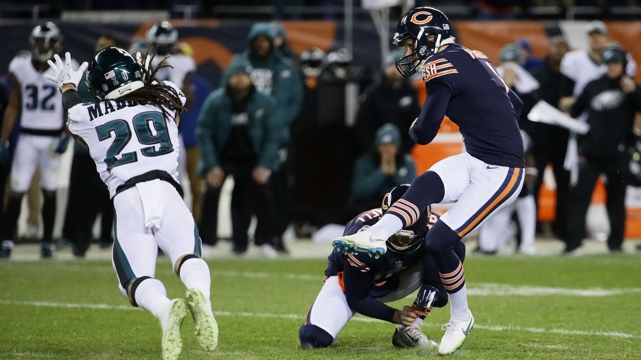 CHICAGO, ILLINOIS - JANUARY 06: Cody Parkey #1 of the Chicago Bears misses a field goal attempt in the final moments of their 15 to 16 loss to the Philadelphia Eagles in the NFC Wild Card Playoff game at Soldier Field on January 06, 2019 in Chicago, Illinois.