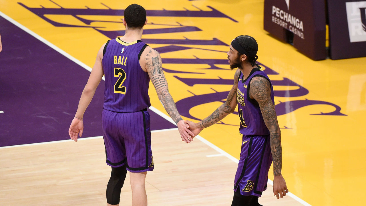 LOS ANGELES, CA - DECEMBER 28: Lonzo Ball #2 and Brandon Ingram #14 of the Los Angeles Lakers high five during the game against the LA Clippers on December 28, 2018 at STAPLES Center in Los Angeles, California. NOTE TO USER: User expressly acknowledges and agrees that, by downloading and/or using this photograph, user is consenting to the terms and conditions of the Getty Images License Agreement. Mandatory Copyright Notice: Copyright 2018 NBAE