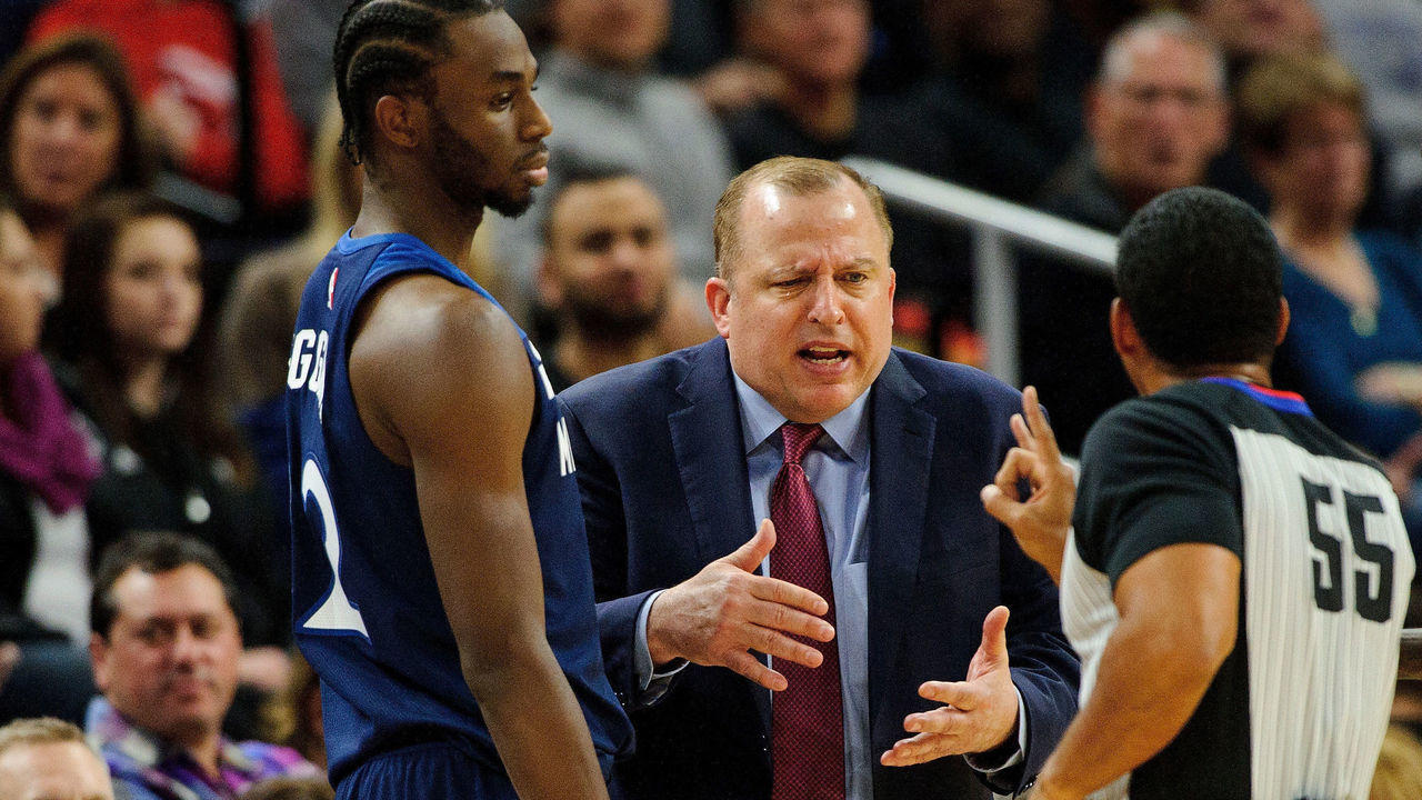 MINNEAPOLIS, MN - NOVEMBER 05: Head coach Tom Thibodeau of the Minnesota Timberwolves speaks to referee Bill Kennedy #55 as Andrew Wiggins #22 and Jamal Crawford #11 reacts during the game against the Charlotte Hornets on November 5, 2017 at the Target Center in Minneapolis, Minnesota.