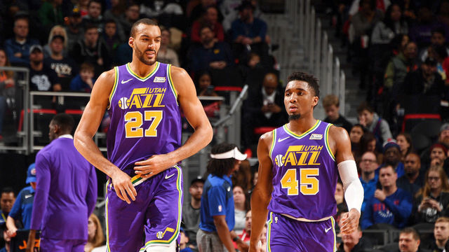 DETROIT, MI - JANUARY 5: Rudy Gobert #27 of the Utah Jazz and Donovan Mitchell #45 of the Utah Jazz seen on court during the game against the Detroit Pistons on January 5, 2019 at Little Caesars Arena in Detroit, Michigan. NOTE TO USER: User expressly acknowledges and agrees that, by downloading and/or using this photograph, User is consenting to the terms and conditions of the Getty Images License Agreement. Mandatory Copyright Notice: Copyright 2019 NBAE