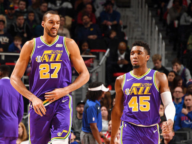 DETROIT, MI - JANUARY 5: Rudy Gobert #27 of the Utah Jazz and Donovan Mitchell #45 of the Utah Jazz seen on court during the game against the Detroit Pistons on January 5, 2019 at Little Caesars Arena in Detroit, Michigan. NOTE TO USER: User expressly acknowledges and agrees that, by downloading and/or using this photograph, User is consenting to the terms and conditions of the Getty Images License Agreement. Mandatory Copyright Notice: Copyright 2019 NBAE