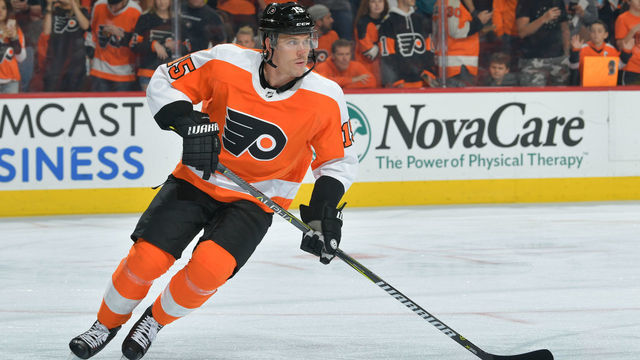 PHILADELPHIA, PA - OCTOBER 09: Jori Lehtera #15 of the Philadelphia Flyers warms up before the game against the San Jose Sharks at the Wells Fargo Center on October 9, 2018 in Philadelphia, Pennsylvania.