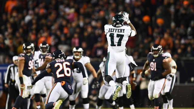 CHICAGO, ILLINOIS - JANUARY 06: Alshon Jeffery #17 of the Philadelphia Eagles completes a reception against the Chicago Bears in the fourth quarter of the NFC Wild Card Playoff game at Soldier Field on January 06, 2019 in Chicago, Illinois.