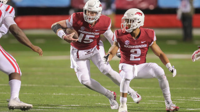 FAYETTEVILLE, AR - OCTOBER 13: Arkansas (15) Cole Kelley (QB) runs the ball in the game between the Arkansas Razorbacks and the Ole Miss Rebels on October 13, 2018, at War Memorial Stadium in Little Rock, AR.