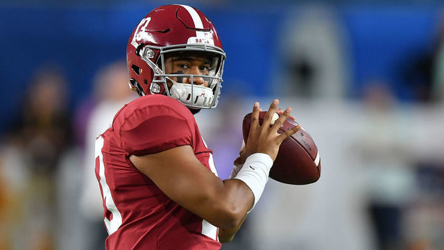 MIAMI, FL - DECEMBER 29: Tua Tagovailoa #13 of the Alabama Crimson Tide warms up before the game against the Oklahoma Sooners at Hard Rock Stadium on December 29, 2018 in Miami, Florida.