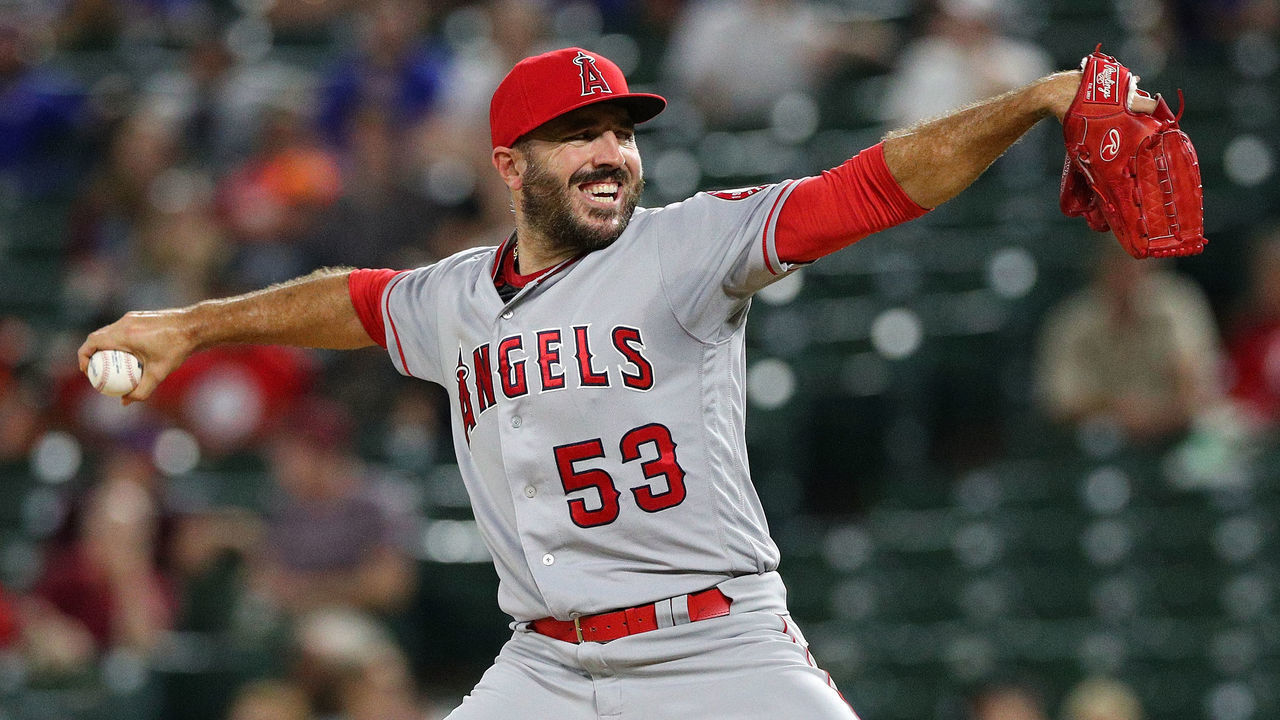 ARLINGTON, TX - SEPTEMBER 03: Blake Parker #53 of the Los Angeles Angels pitches for the save in the 3-1 win over the Texas Rangers at Globe Life Park in Arlington on September 3, 2018 in Arlington, Texas.