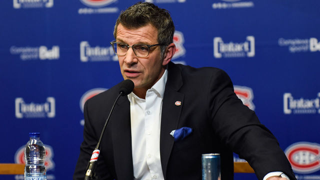BROSSARD, QC - APRIL 9: Montreal Canadiens General Manager Marc Bergevin answers journalists questions during the Montreal Canadiens end of season press conference on April 9, 2018, at Bell Sports Complex in Brossard, QC