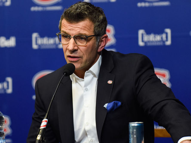 BROSSARD, QC - APRIL 9: Montreal Canadiens General Manager Marc Bergevin answers journalists questions during the Montreal Canadiens end of season press conference on April 9, 2018, at Bell Sports Complex in Brossard, QC