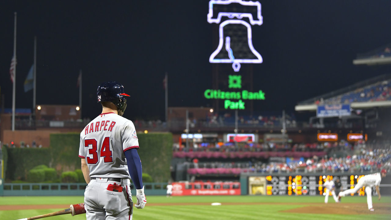 PHILADELPHIA, PA - AUGUST 28: Washington Nationals right fielder Bryce Harper (34) looks on from the batters box during the MLB game between the Washington Nationals and the Philadelphia Phillies on August 28, 2018 at Citizens Bank Park in Philadelphia PA.