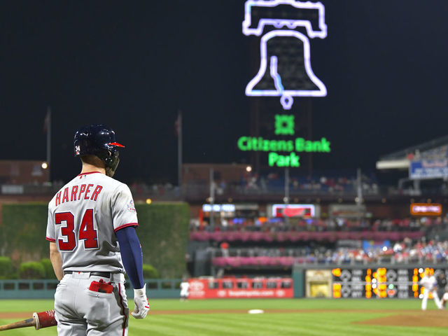 PHILADELPHIA, PA - AUGUST 28: Washington Nationals right fielder Bryce Harper (34) looks on from the batters box during the MLB game between the Washington Nationals and the Philadelphia Phillies on August 28, 2018 at Citizens Bank Park in Philadelphia PA.