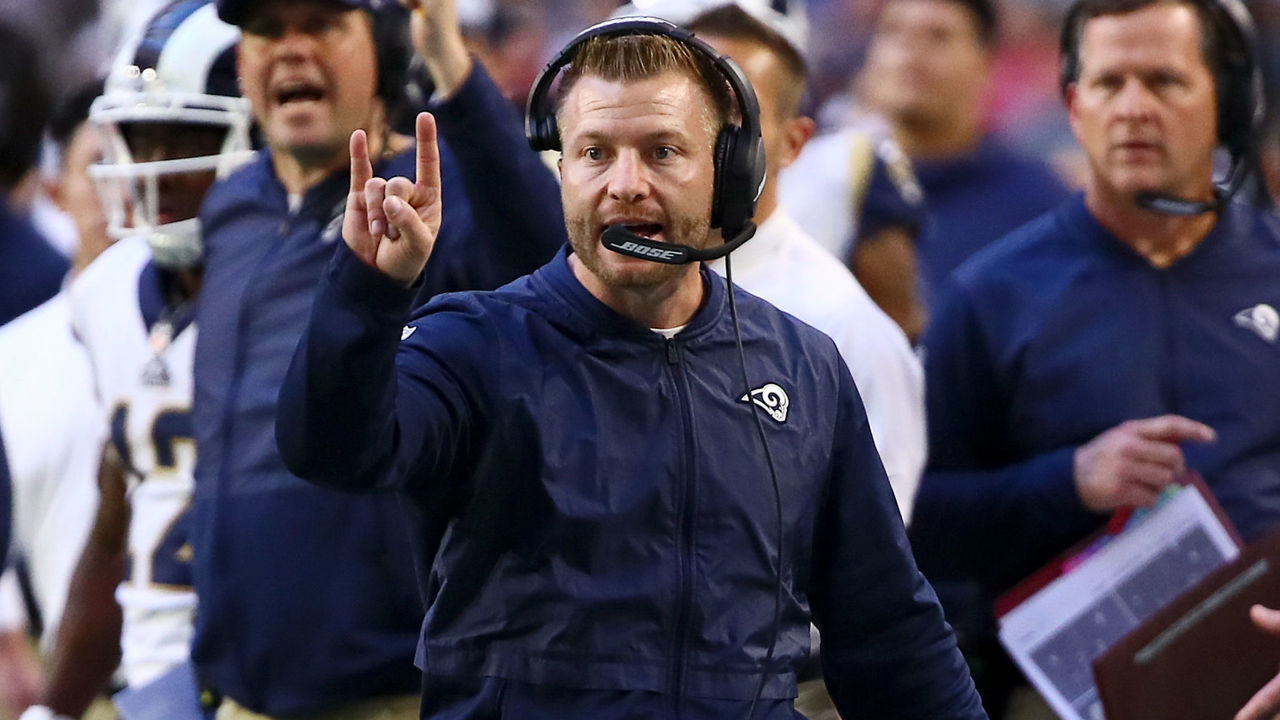 GLENDALE, AZ - DECEMBER 23: Los Angeles Rams head coach Sean McVay points to the referee during the NFL football game between the Arizona Cardinals and the Los Angeles Rams on December 23, 2018 at State Farm Stadium in Glendale, AZ