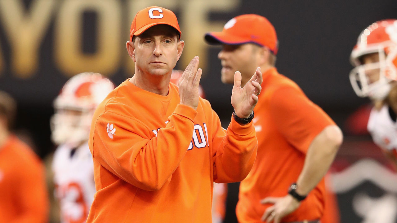 SANTA CLARA, CA - JANUARY 07: Head coach Dabo Swinney of the Clemson Tigers looks on during warm ups prior to the CFP National Championship against the Alabama Crimson Tide presented by AT&T at Levi's Stadium on January 7, 2019 in Santa Clara, California.