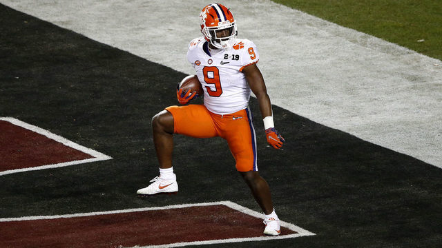 SANTA CLARA, CALIFORNIA - JANUARY 07: Travis Etienne #9 of the Clemson Tigers celebrates his second quarter touchdown against the Alabama Crimson Tide in the College Football Playoff National Championship at Levi's Stadium on January 07, 2019 in Santa Clara, California.